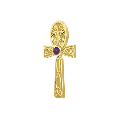 Celtic Ankh Tree of Life 14 K Solid Gold Pendant with Gem