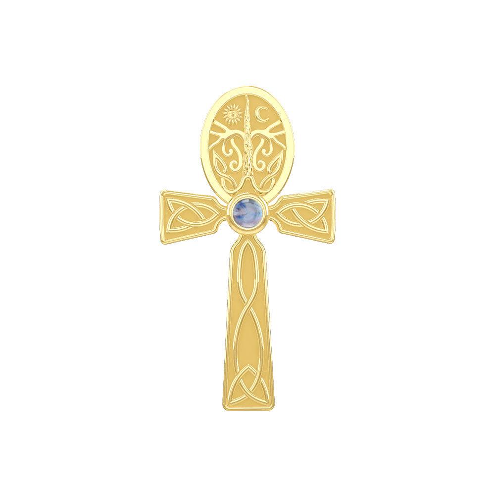 Celtic Ankh Tree of Life 14 K Solid Gold Pendant with Gem