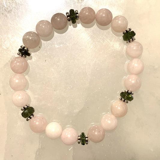 Moldavite and Rose Quartz Elastic Bracelet