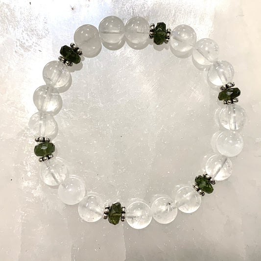 Moldavite and Clear Quartz Elastic Bracelet