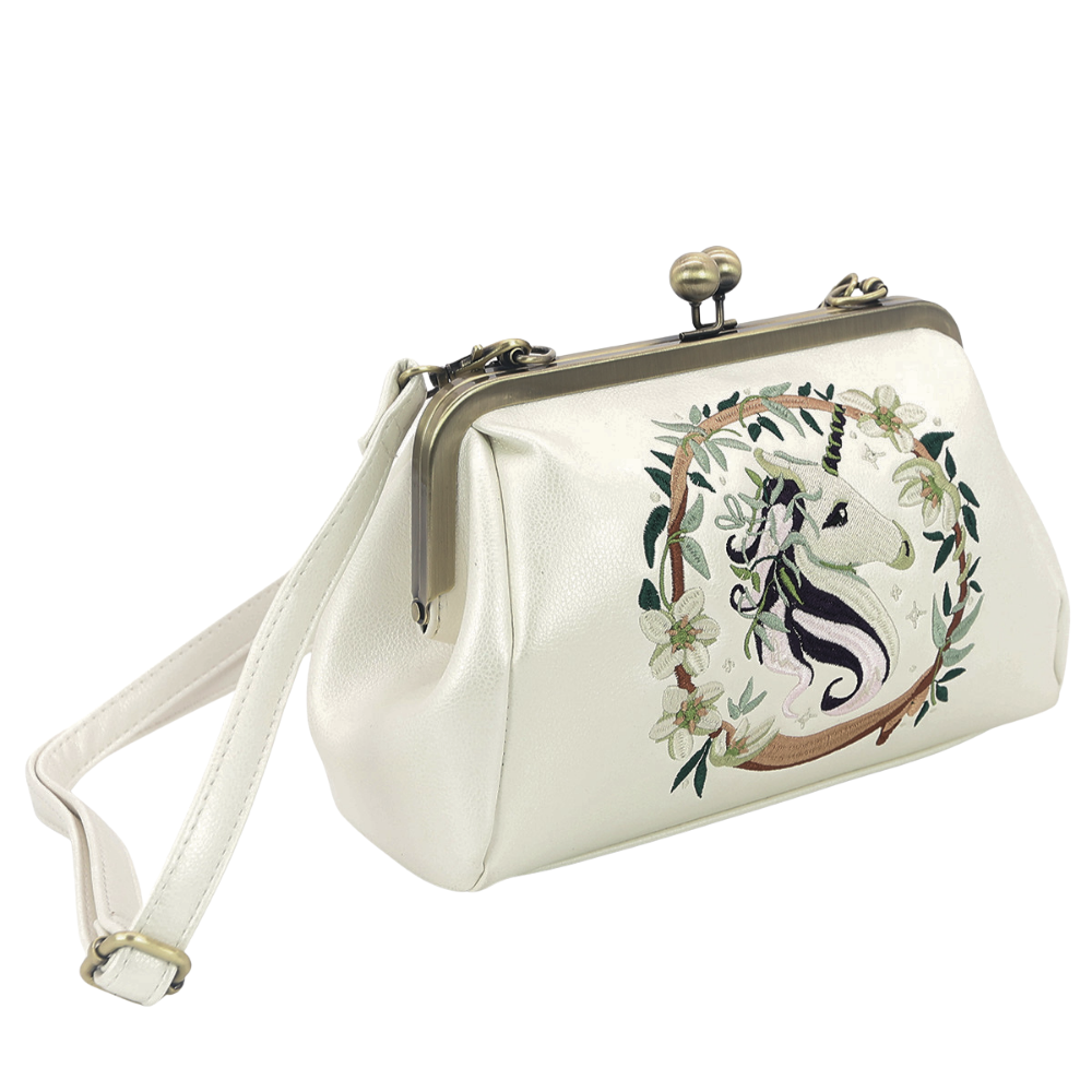 Embroidered Unicorn Kisslock Bag in Vinyl