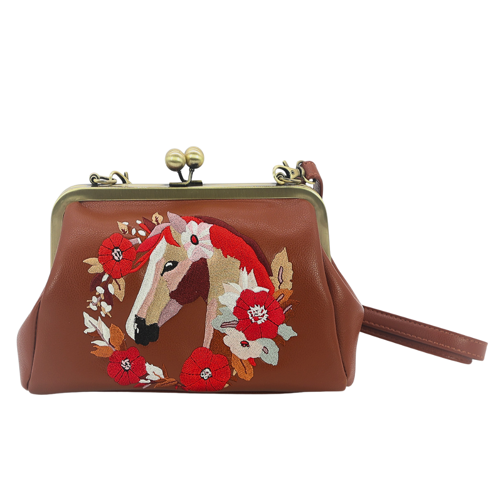 Floral Wreath Horse Kisslock Bag in Vinyl
